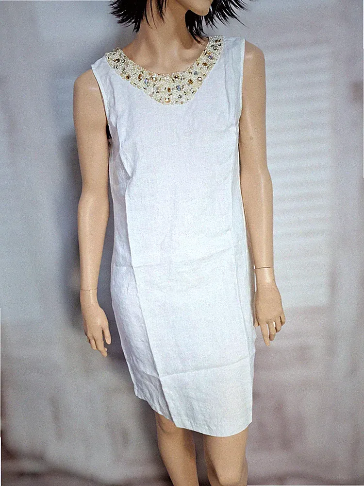 Elegantes Weißes Leinen-Etuikleid mit Perlen und Strass Sommerkleid Gr.40