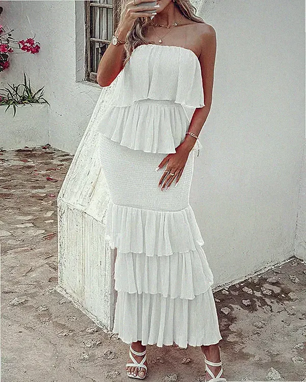 Elegantes Weißes Maxikleid Ohne Träger Mit Rüschen Und Drapierung CF77162