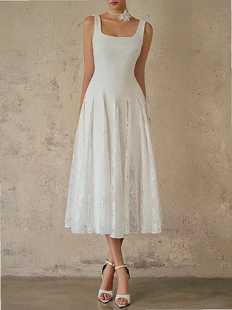 Elegantes weißes Midi-Kleid mit ausgestelltem Rock und Spitzeneinsätzen CF54947