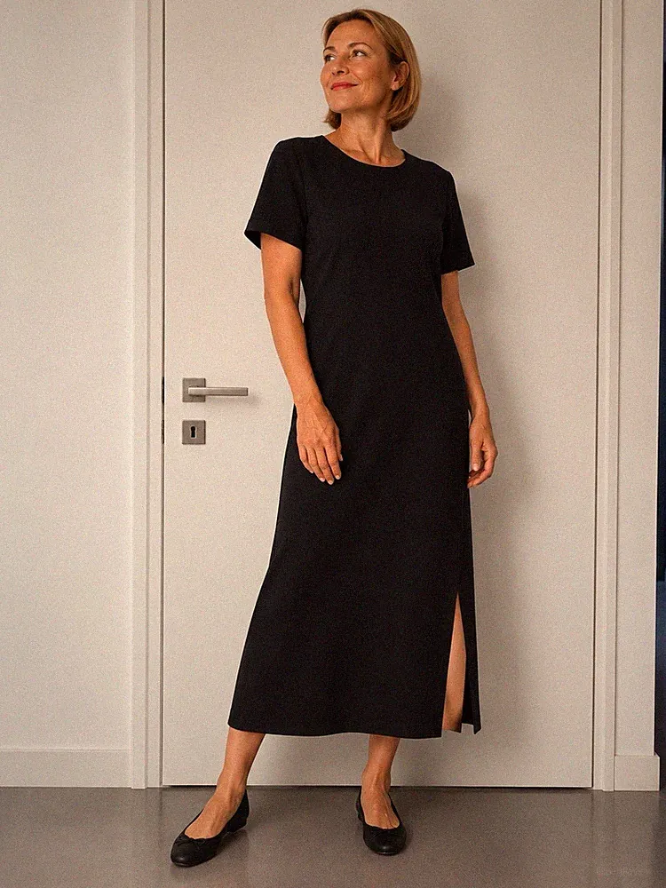 Elena Mirò Damen Kleid schwarz Etuikleid Kurzarm Polyester Gr. 48 mit Schlitz