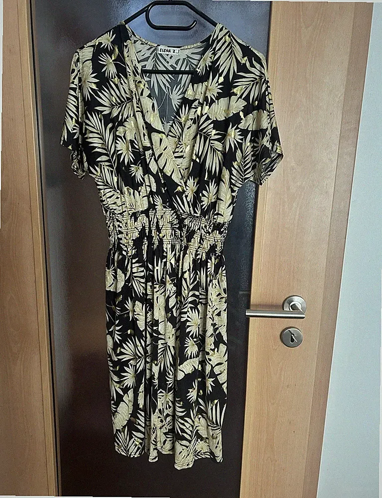 ELENA Z. Damen A-Linien-Kleid Midi V-Ausschnitt Kurzarm Blumen schwarz/beige