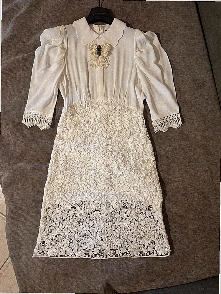 Elisabetta Franchi Etuikleid weiß Viskose Spitze/Perlen 40 AB34083E2 - Neu!