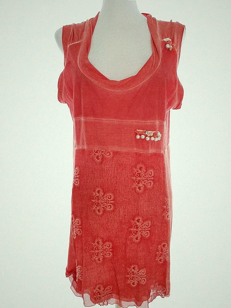 ELLY Damen Kleid Gr. XL Orange Viskose Ärmellos Kristalle Knielang Drapierter