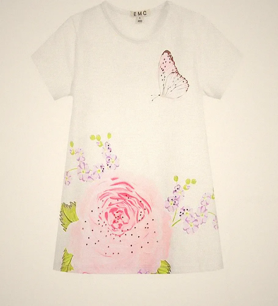 EMC Piqué Kleid Mädchen Festkleid Blume Strass Schmetterling Weiß Gr. 128 8 J