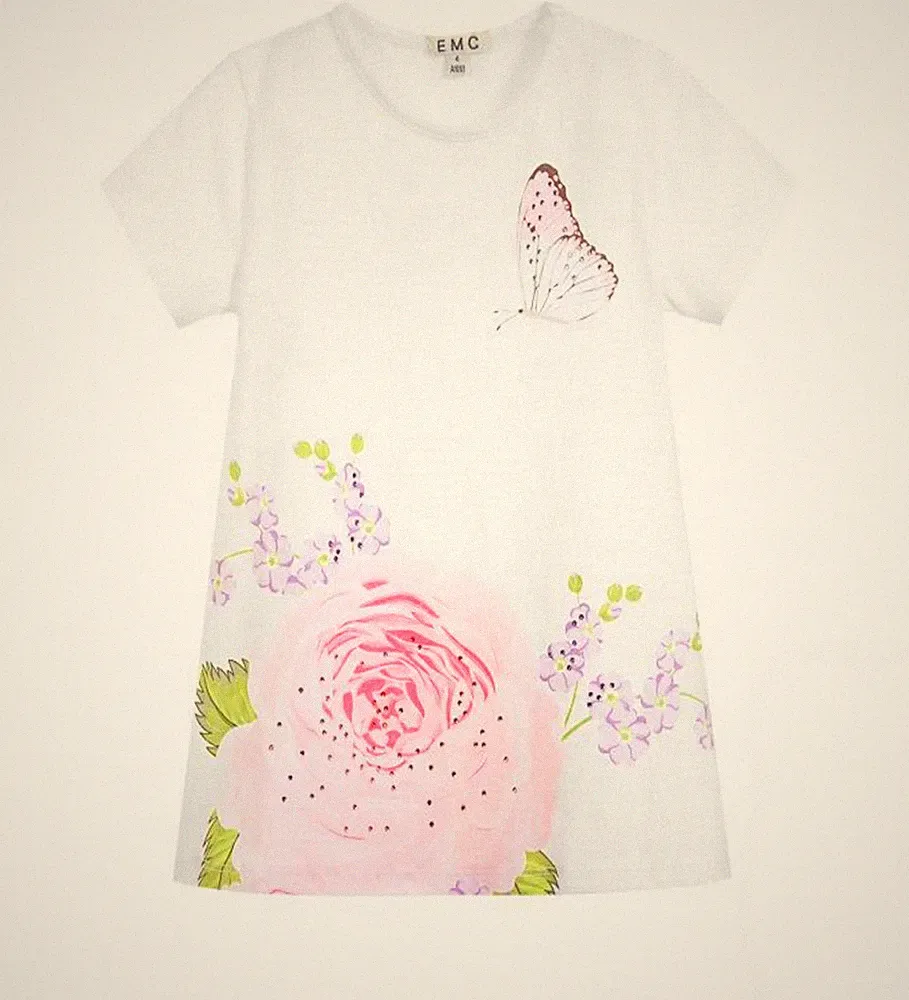 EMC Piqué Kleid Mädchen Festkleid Blume Strass Schmetterling Weiß Gr. 104 4 J