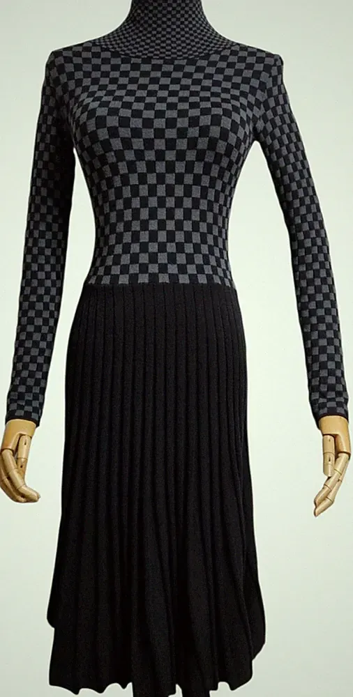EMPORIO ARMANI Elegantes Strickkleid Karomuster Faltenrock Langarm, 38