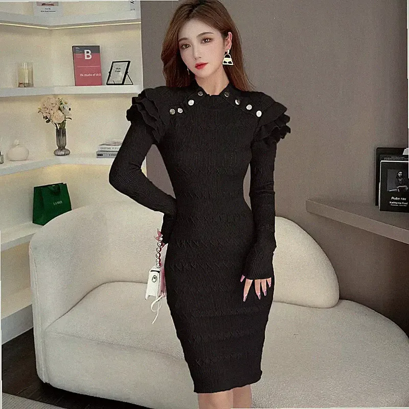 Enges Kleid Schwarzes Kostüm Eleganter Rippstrick Langärmlig Elastisch 41407