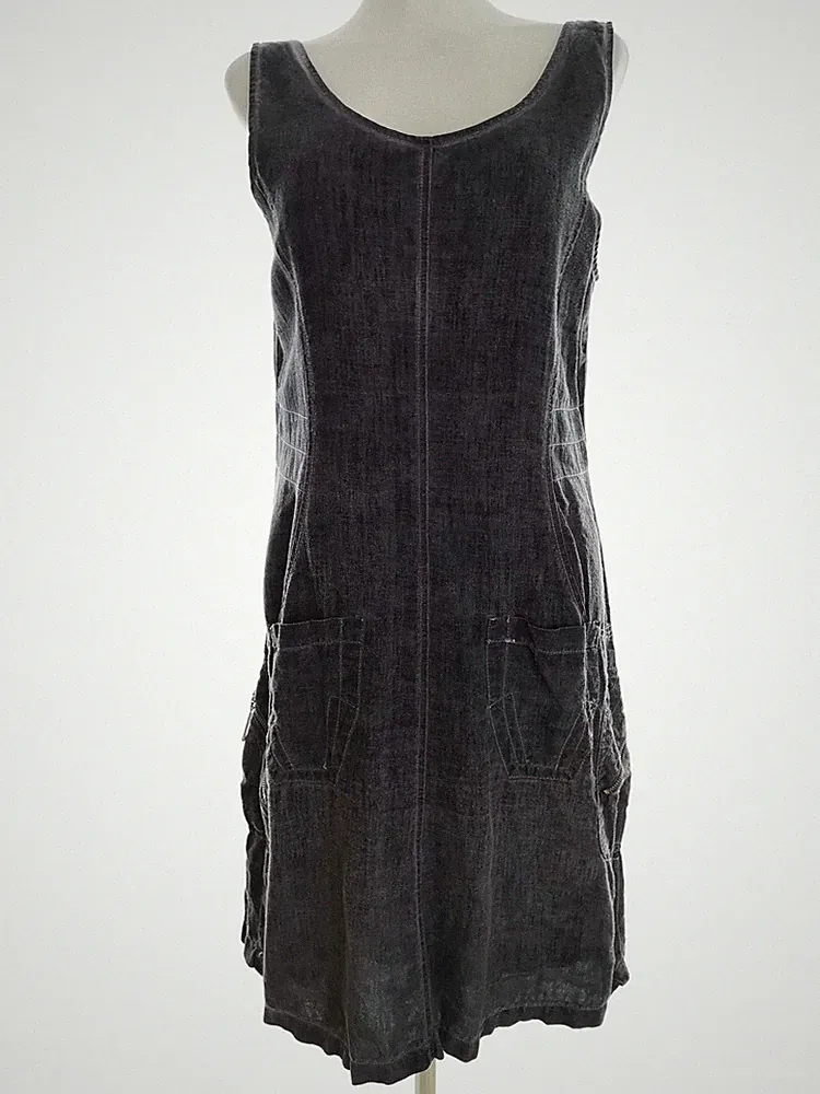 EPILOGUE Damen Kleid Gr. 40 Grau Leinen 100% Ärmellos Logo Midi Runder