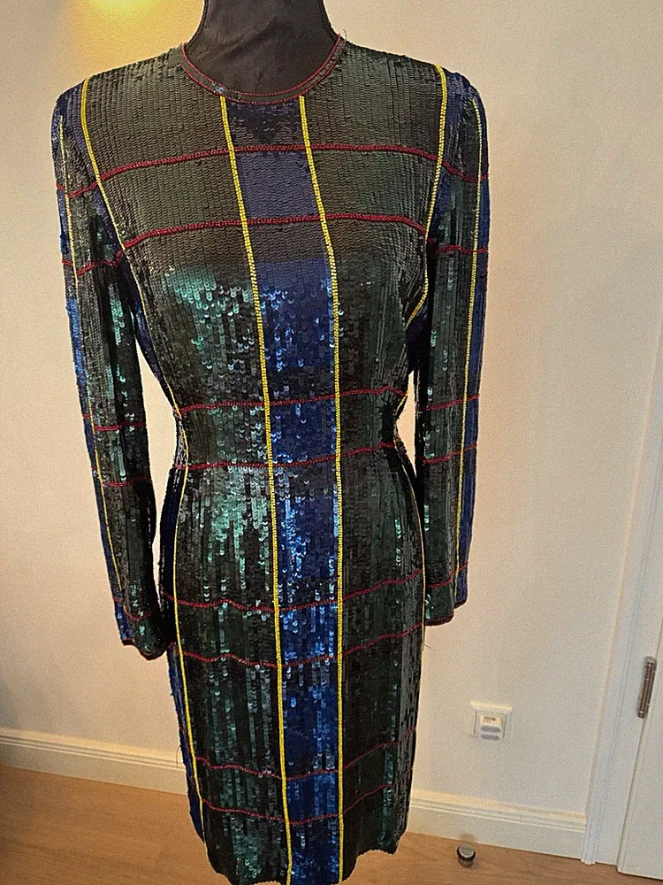 Escada Couture Etuikleid Pailletten Karo mehrfarbig Langarm knielang Gr.36