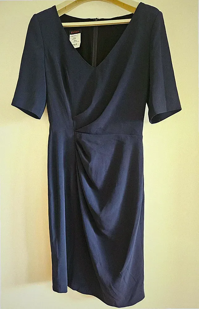 ESCADA Etuikleid Satin Blau Gr. 36 V-Ausschnitt Halbarm knieumspielend