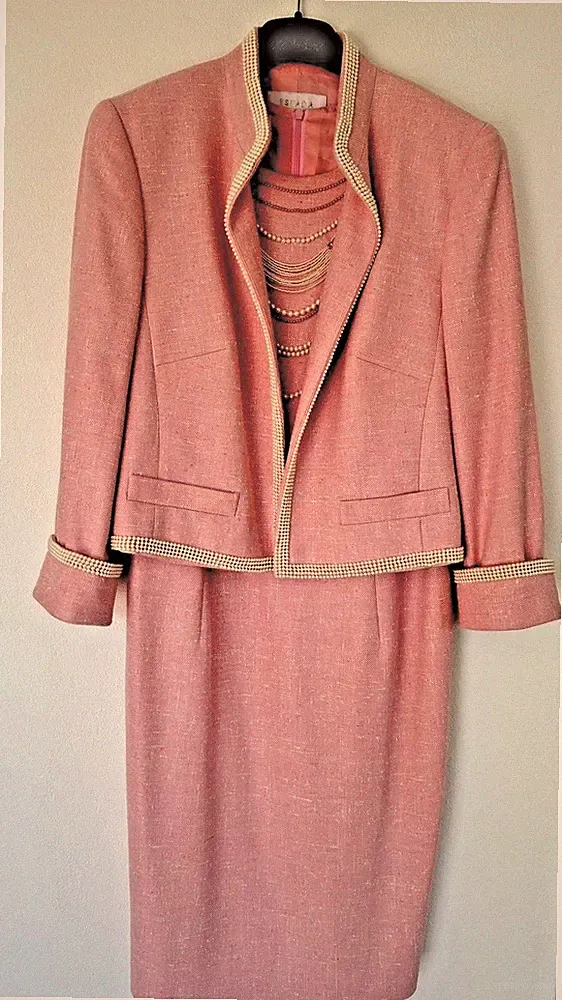 ESCADA Vintage Kostüm Set Kleid Blazer Gr. 38 40 Seide Kaschmir Perlen, M. Ley