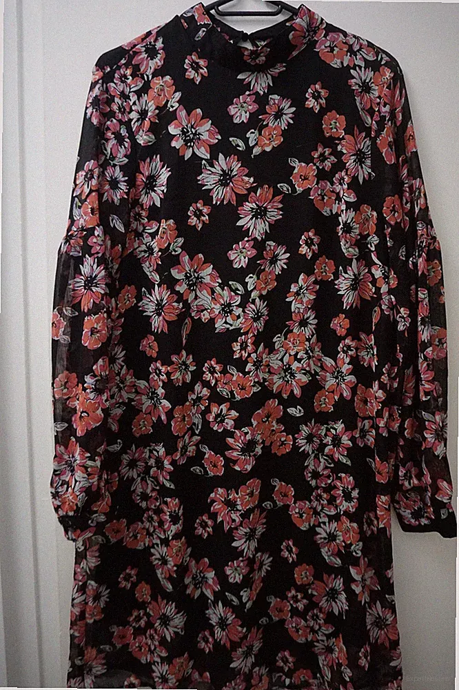Esmara Boho Kleid Lagenlook Tunika Volant Schwarz Rosa Blumen Motiv Gr 38