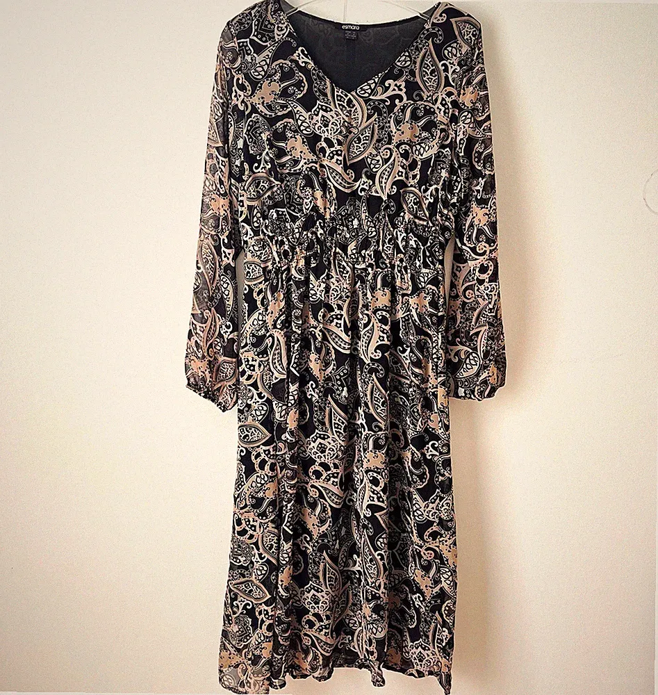 ESMARA Kleid 38 schwarz beige Paisley Chiffon A-Linie V-Ausschnitt Midi