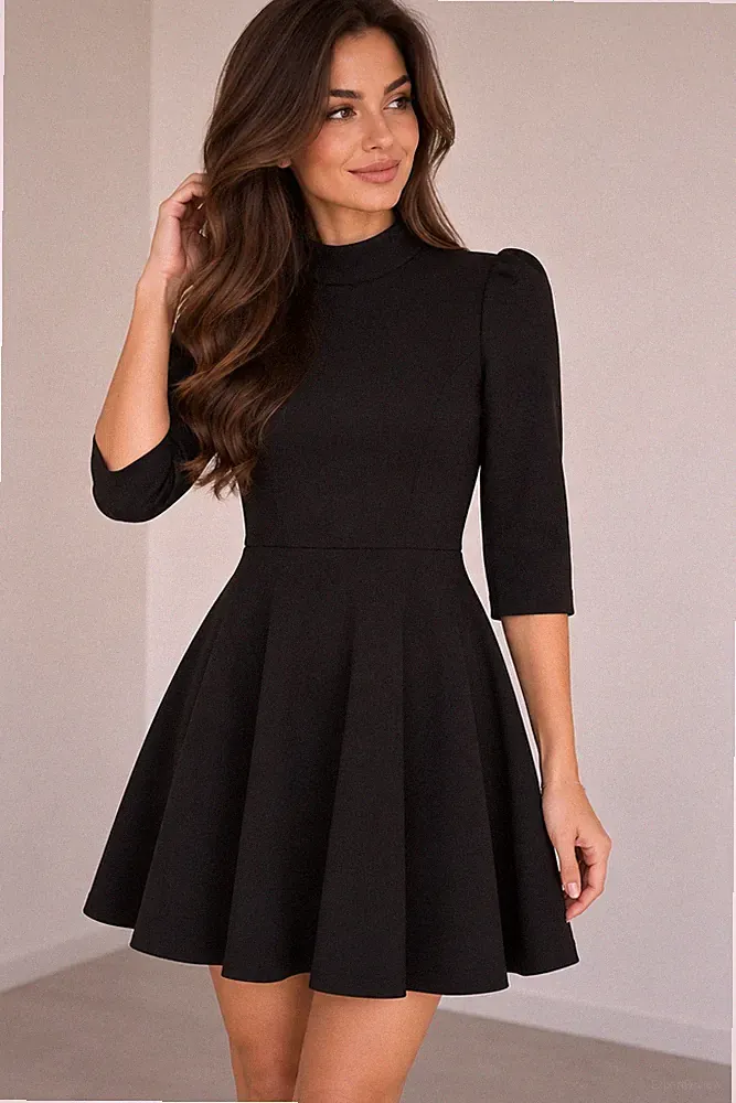 Esprit A-Linien-Kleid schwarz kurz 3/4-Arm Stehkragen Falten, S