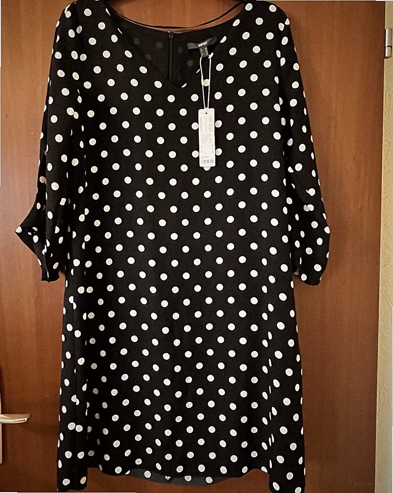 Esprit Damen A-Linien-Kleid 38 schwarz-weiß gepunktet 3/4 Ärmel