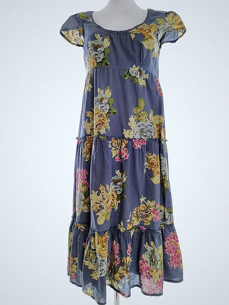ESPRIT Damen A-Linien-Kleid Gr. 34 Blau Baumwolle 100% Kurzer Ärmel Rüsche Midi