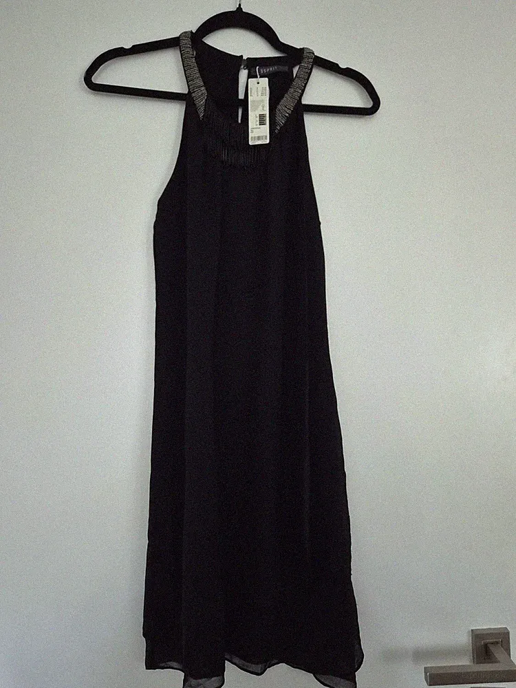 Esprit Damen Etui-Kleid Midi Neckholder ärmellos schwarz Perlen Fransen Gr. 34