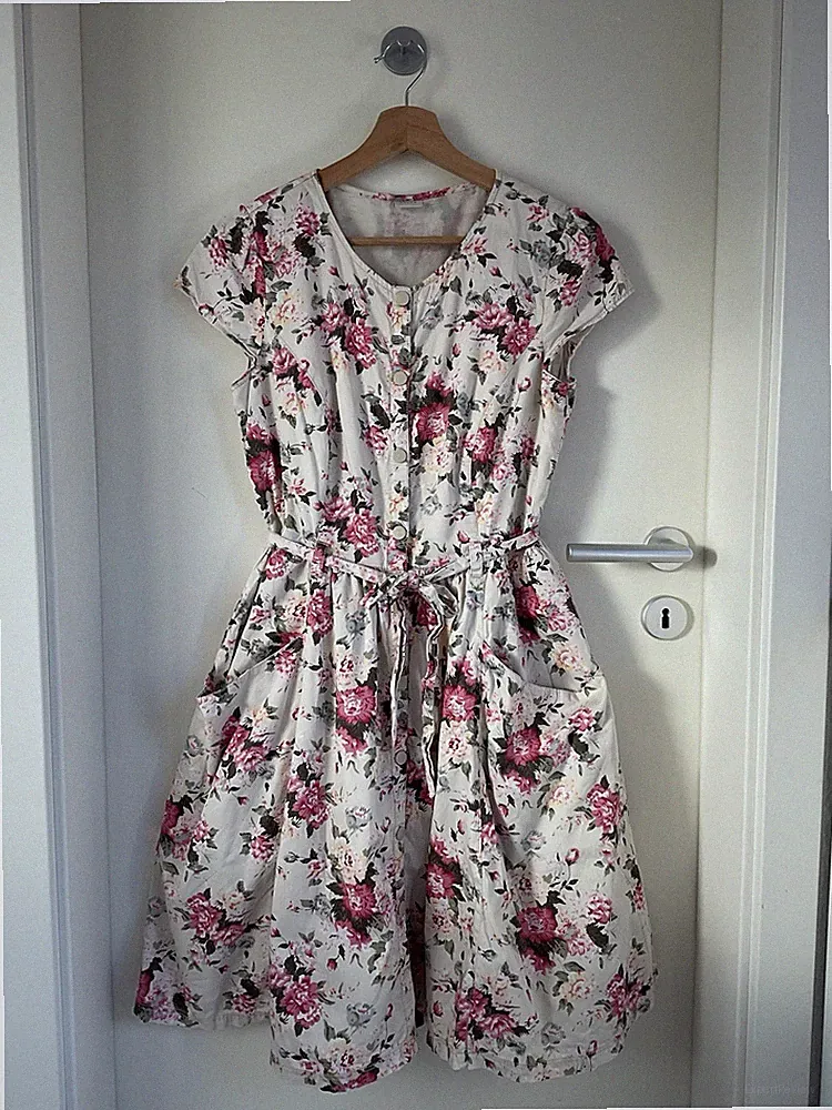 ESPRIT Damen Kleid 36 Blumenmuster Rosa Baumwolle A-Linie Baumwolle Druckknöpfe