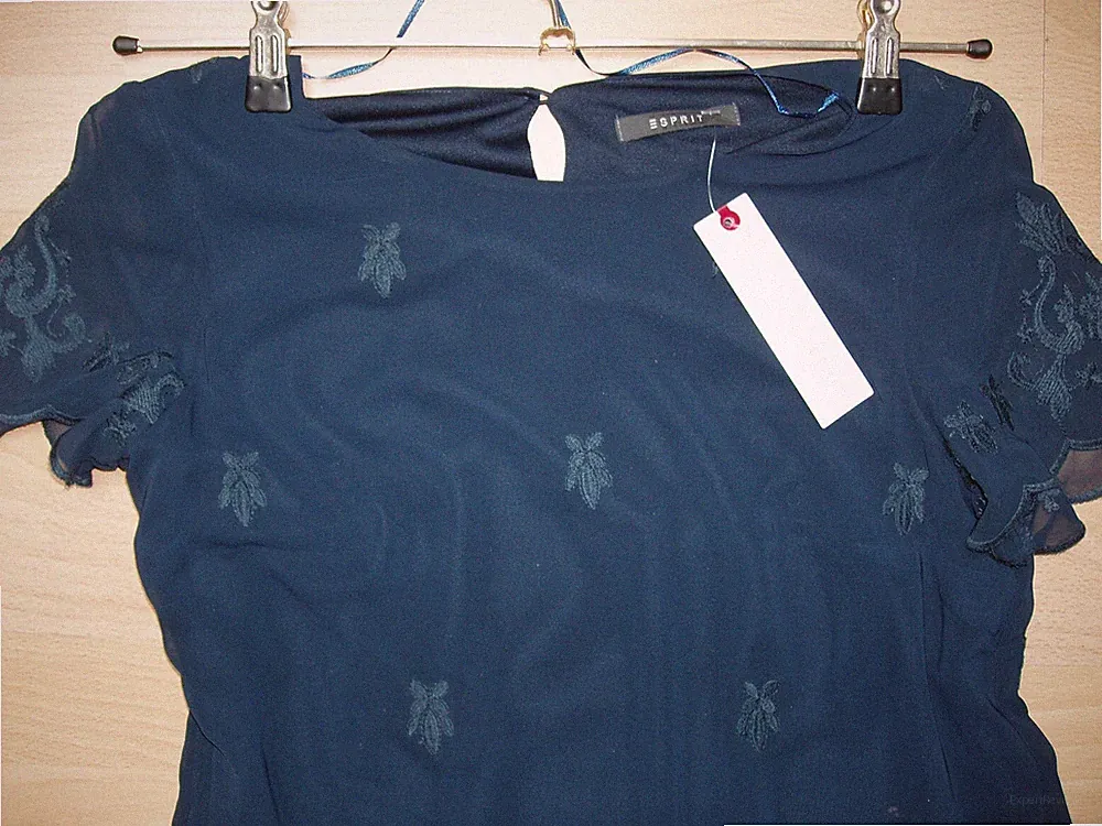Esprit Etuikleid, FESTLICH Rundhalsausschnitt,dezent bestickt Gr. M Marine Blau