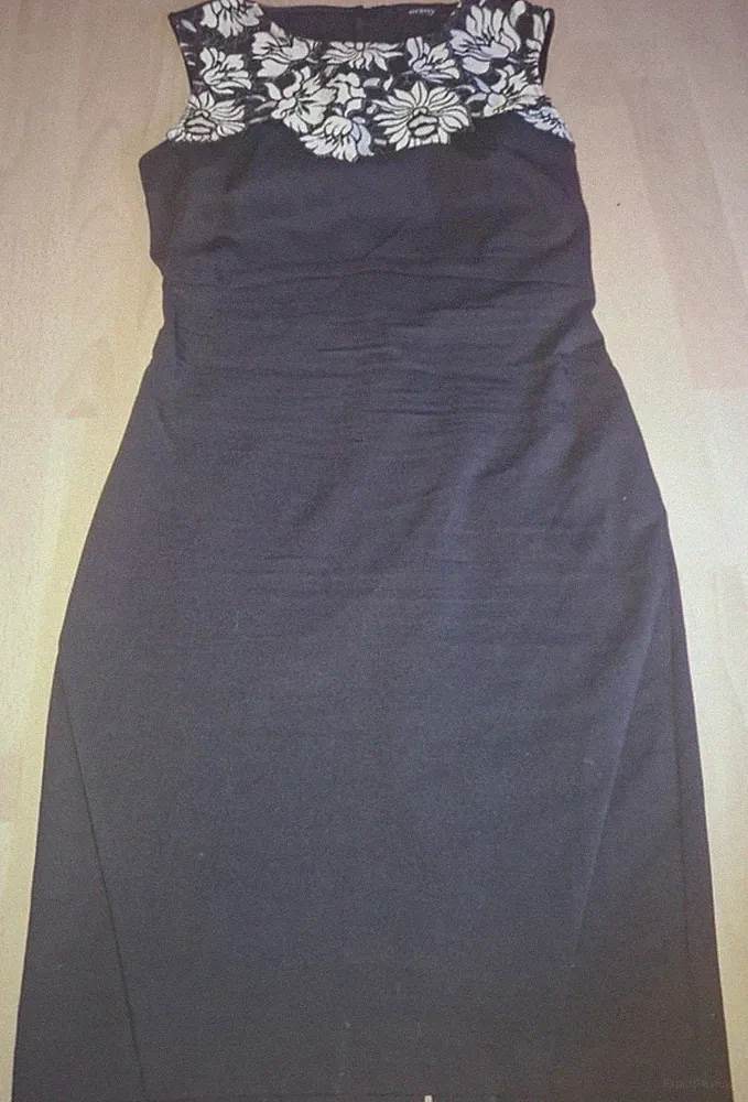 eSprit Etuikleid Schwarz/Beige Gr. 38 Midi Rundhals ärmellos Spitze geblümt