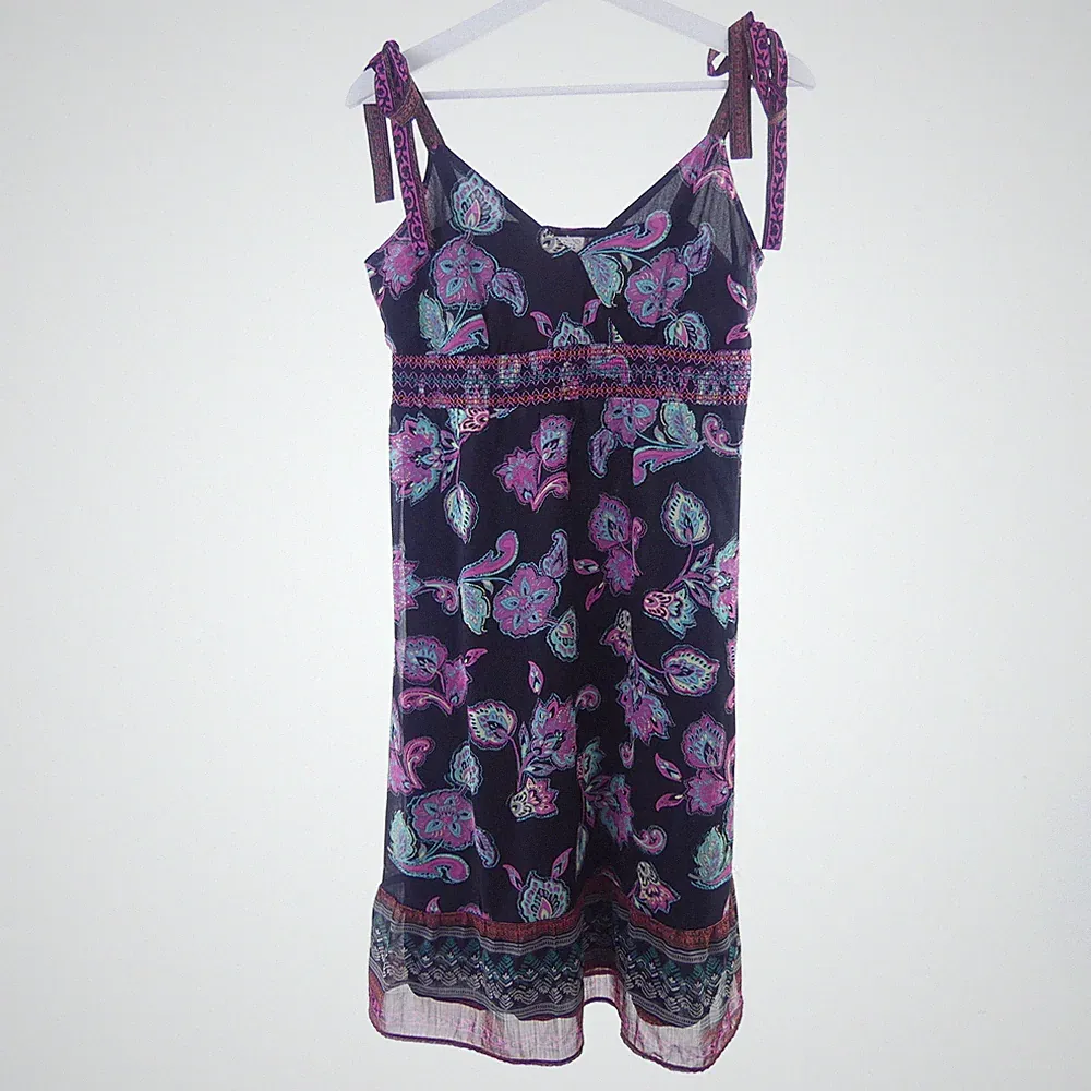 ESPRIT Kleid Dress A Linie Paisley Blumen Gesmoked Schwarz Bunt Gr. 38 M