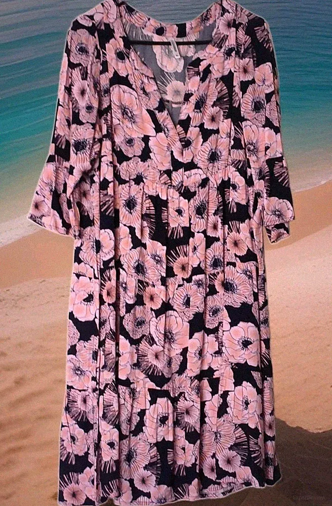 Essentials Sommer Damen A-Linien-Kleid Blumen dunkelblau/rosa XL V-Ausschnitt