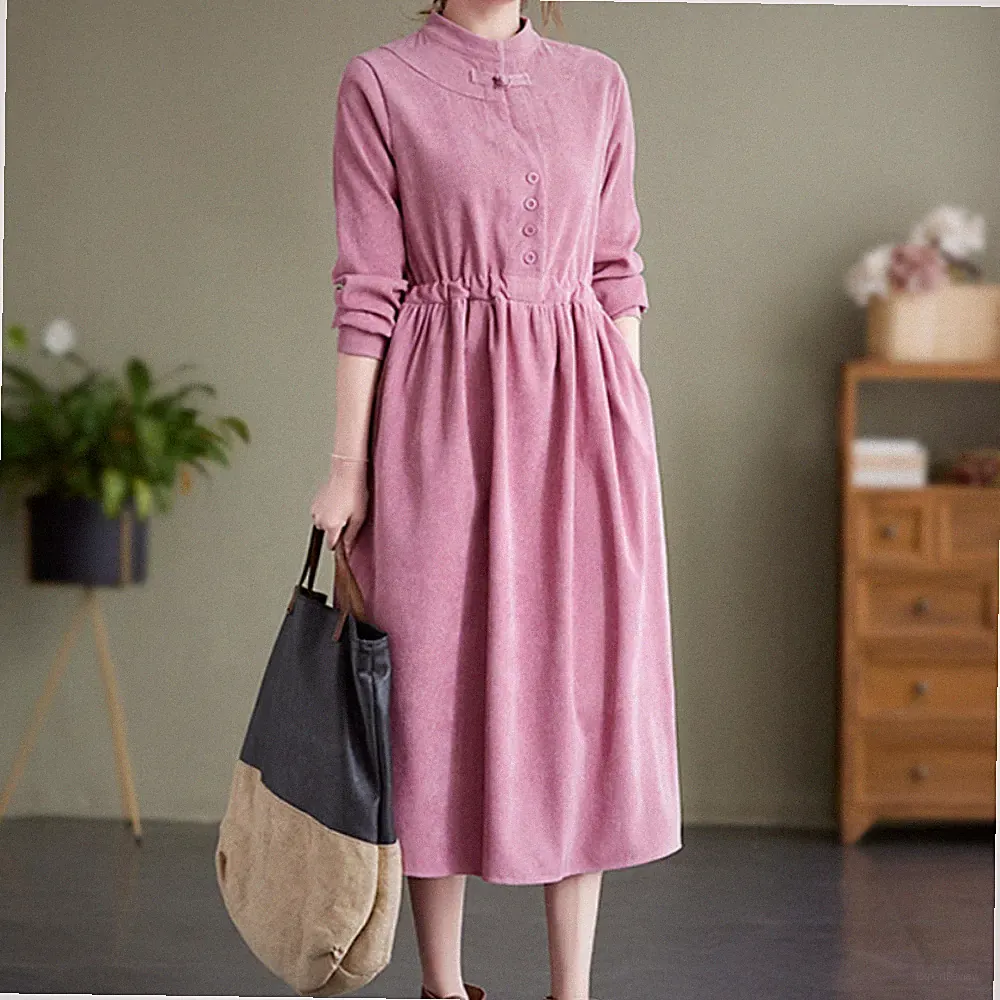Ethnische Asian Damen Cord Shirtkleid Midi Langarm Taschen Tunika Casual