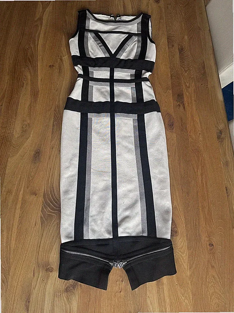 Etui Kleid Herve Leger, Elfenbein/ schwarz