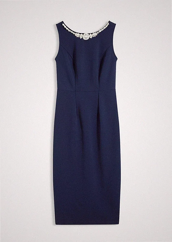 Etui-Kleid mit Strassapplikation Gr. 42 Dunkelblau Damen Cocktailkleid Neu*