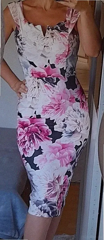 ❤️ ETUI Scuba BUSINESS Büro ETUIKLEID Kleid Blumen ROSA weiß PINK 36 S NEU ❤️