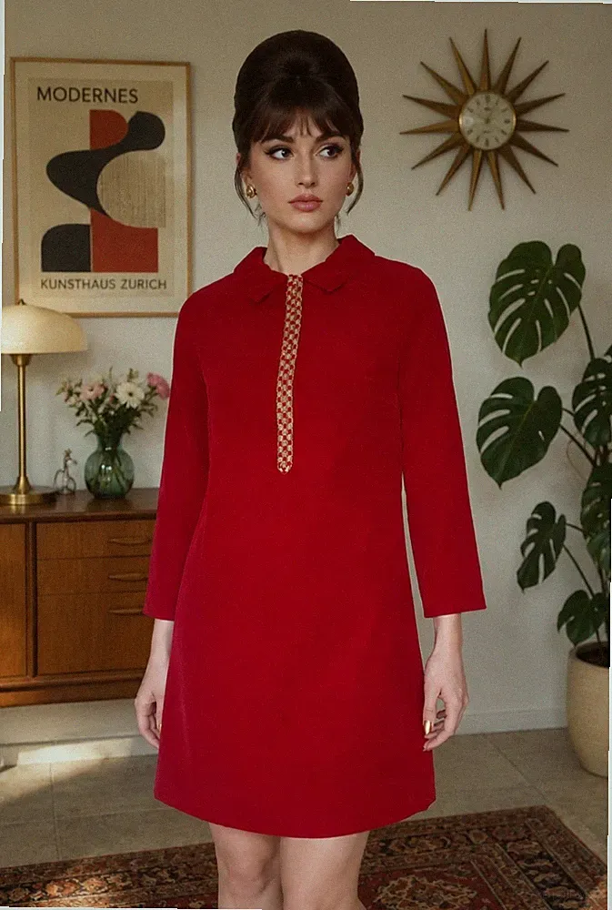 Etuikleid 60er Jahre, rot Samt gr34 hochwertig vintage twiggy Red velvet