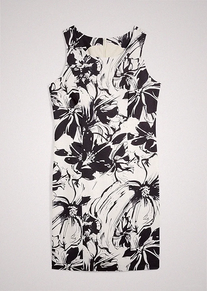Etuikleid aus Satin Gr. 36 Wollweiß Schwarz Geblümt Sommerkleid Etui-Kleid Neu