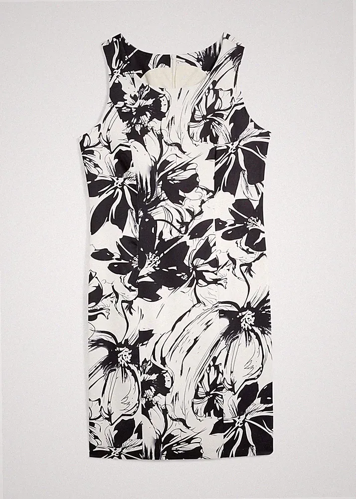 Etuikleid aus Satin Gr. 38 Wollweiß Schwarz Geblümt Sommerkleid Etui-Kleid Neu