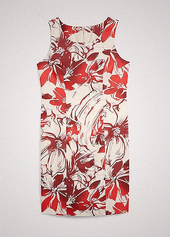 Etuikleid aus Satin Gr. 42 Naturbeige Rot Geblümt Sommerkleid Etui-Kleid Neu*