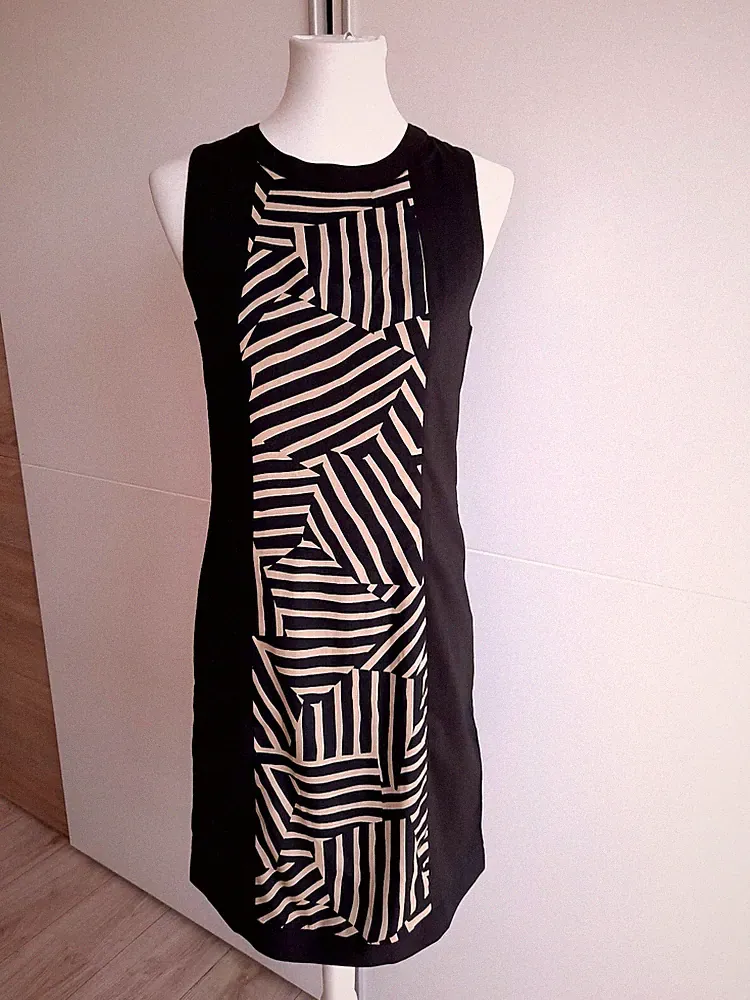 Etuikleid Creme Schwarz Animal Print Graphik Zebra Streifen Elegant Abend Casual