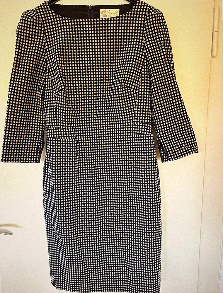 Etuikleid Damen schwarz/weiß gepunktet 3/4 Arm Rundhals knie lang RV