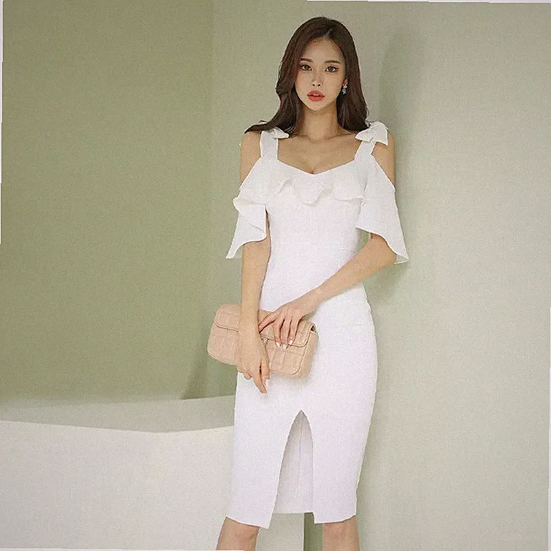 Etuikleid Kleid Damen Elegant Knielang Weiß Braut Elegant Slim A147