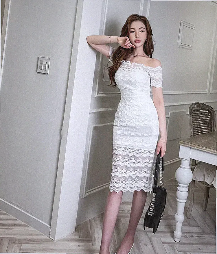 Etuikleid Kleid Damen Elegant Knielang Weiß Braut Elegant Slim A148