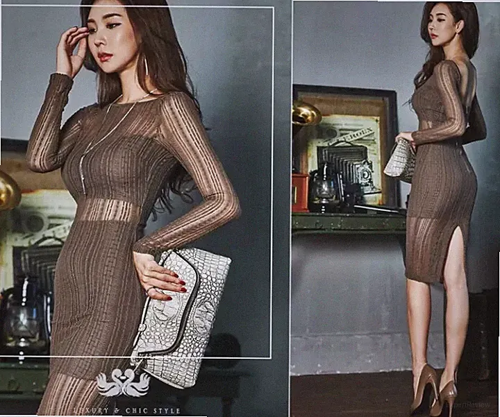 Etuikleid Kleid Frau Elegant Al Up Knie Brown Transparent Hülle 5463