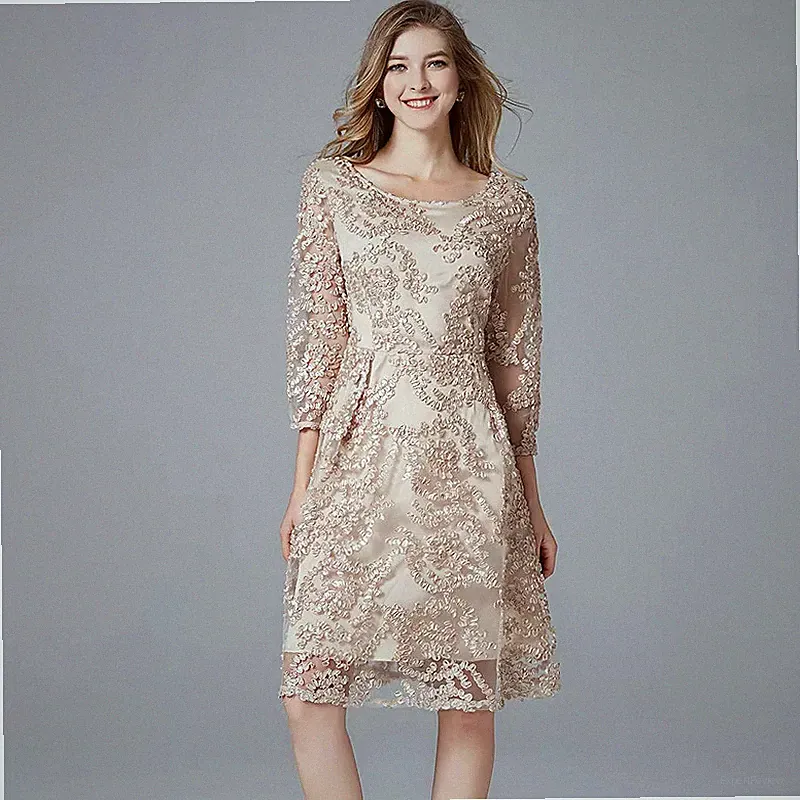 Etuikleid Kleid Frau Elegant Hülle Beige Spitze Satin Up Knie 39903