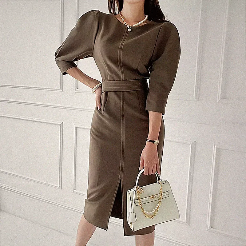 Etuikleid Kleid Frau Elegant Hülle Dunkelbraun Elegant Up Knie 37322