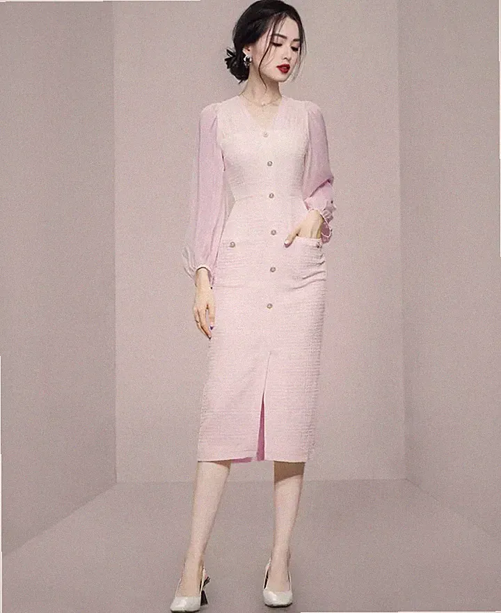 Etuikleid Kleid Frau Elegant Hülle Rosa Puder Up Knie Schlank 35896