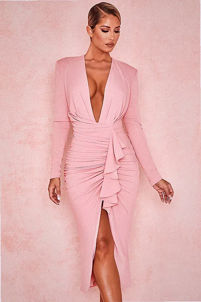 Etuikleid Kleid Frau Elegant Hülle Teilt Up Knie Rückenfrei Rosa 46472