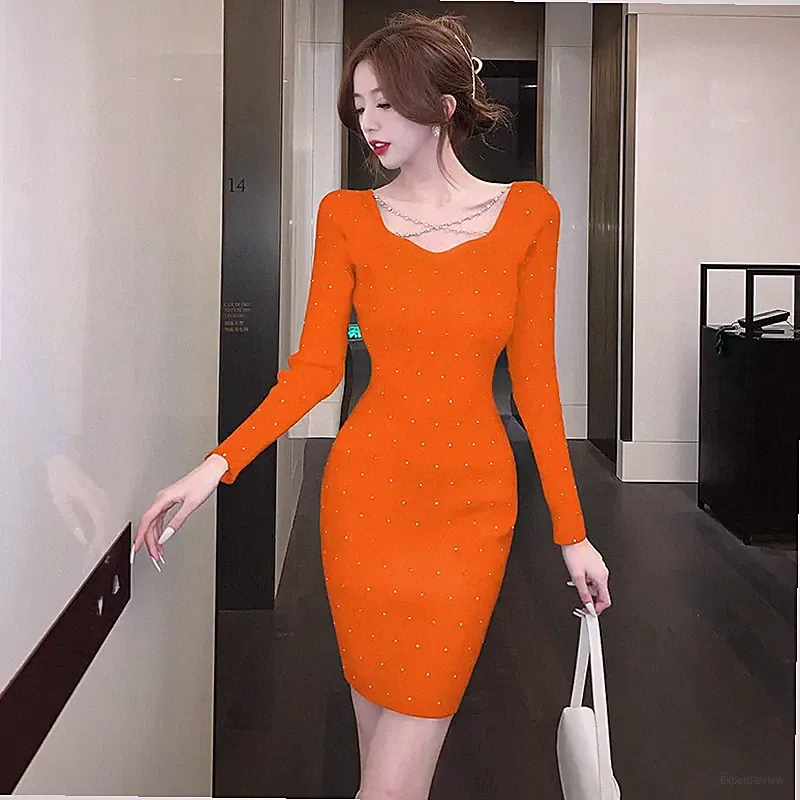Etuikleid Kleid Orange Elegant Strass Hülle Elastisch Jersey 42722