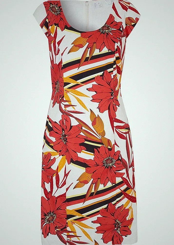 Etuikleid mit Blumen-Druck Gr 36 Signalrot Orange Bedruckt Damen Büro-Kleid Neu*