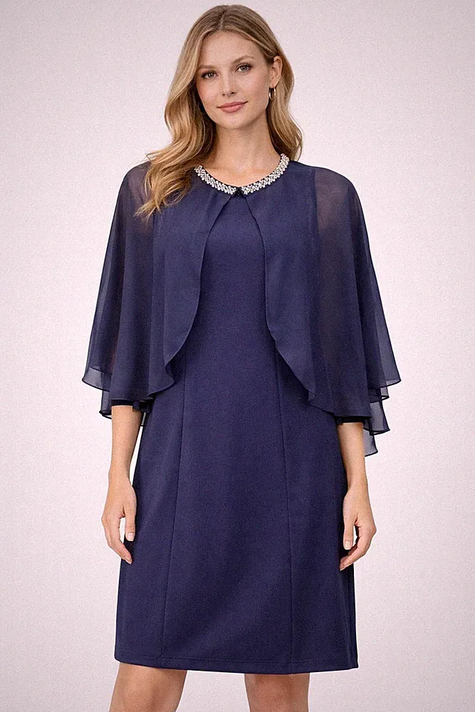 Etuikleid mit Chiffon-Cape Gr. 36/38 Dunkelblau Damen Abendkleid Partykleid Neu