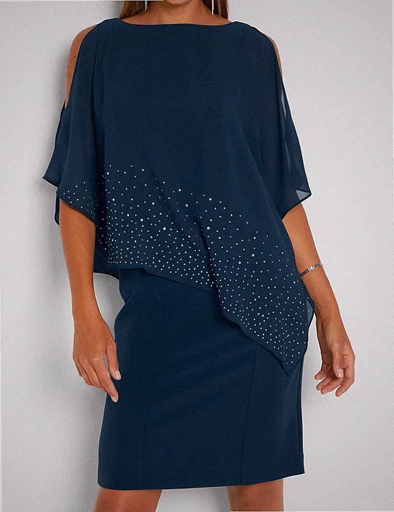 Etuikleid mit Glitzersteinen Gr 50 Dunkelblau Mini-Abend-Party-Cocktailkleid Neu