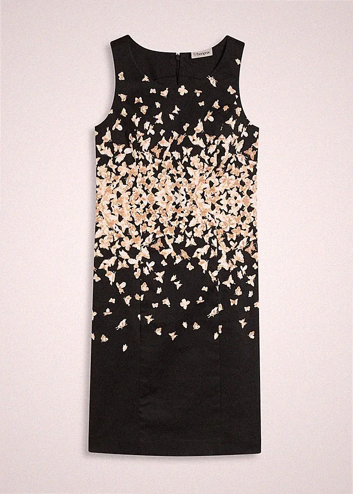Etuikleid mit Schmetterlingsmuster Gr 48 Schwarz Sand Mini-Kleid Partykleid Neu*