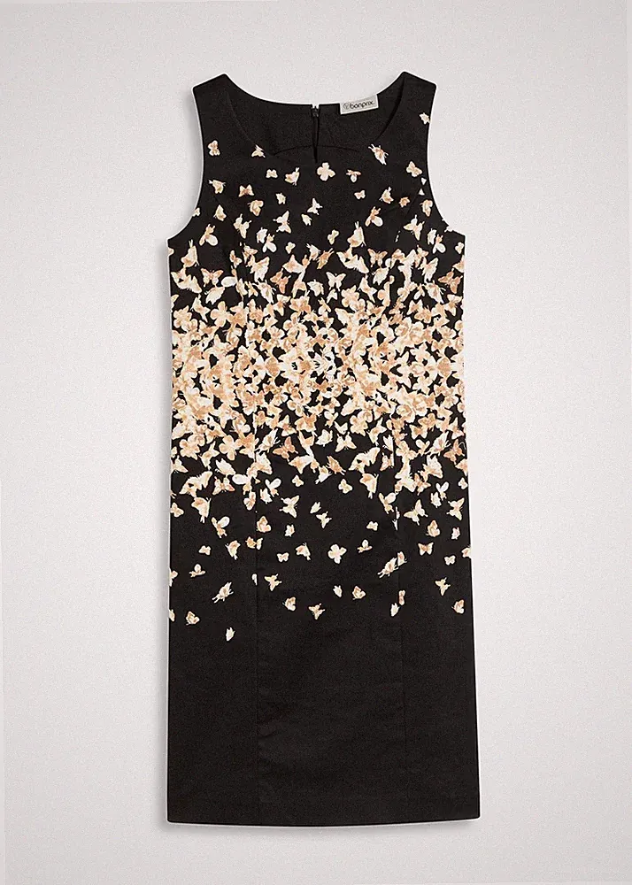 Etuikleid mit Schmetterlingsmuster Gr 48 Schwarz Sand Mini-Kleid Partykleid Neu*