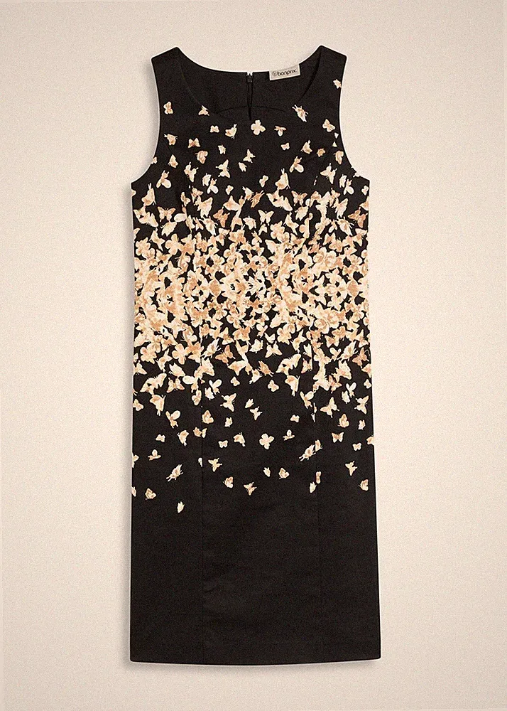 Etuikleid mit Schmetterlingsmuster Gr 54 Schwarz Sand Mini-Kleid Partykleid Neu*